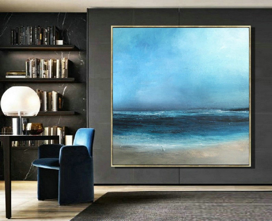 Large Original Sea Level Blue Oil Painting,Large Wall Art Light Blue Sky Oil Painting,Sky Landscape painting,Large Ocean Canvas Oil Painting