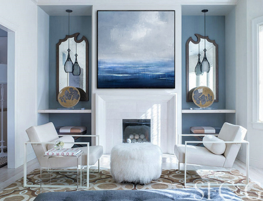 Original Navy Blue Wall Art Ocean Abstract Painting,Abstract Art,Sea Level Abstract Painting,Large Wall Sky Sea Painting,Sea Oil Painting