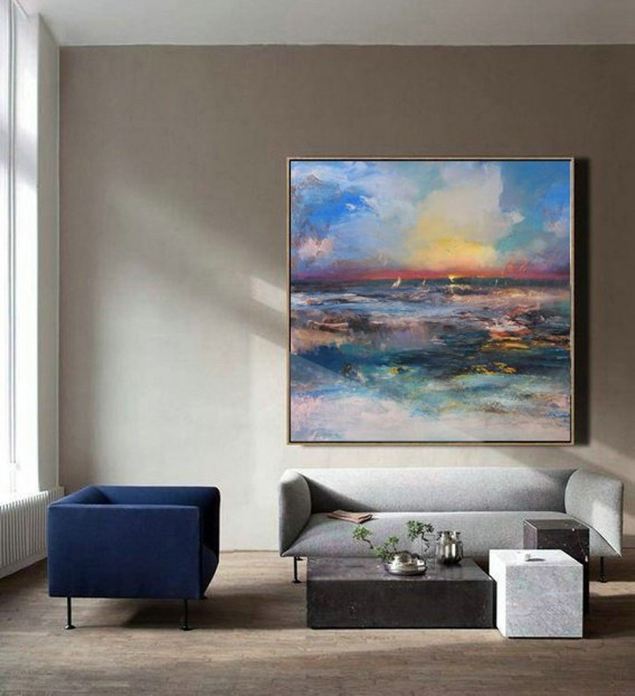 Original Sea Level Landscape Painting,Large Wall Sky Sea Painting,Sea Level Painting Of Large Sunrise Landscape,Sea Landscape Painting
