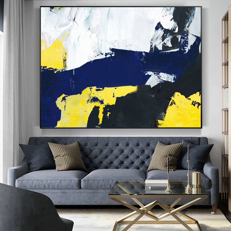 Original Abstract Art Canvas Painting,Large Blue Abstract Painting, Black White Abstract Painting, Yellow Abstract Painting, Great wall art