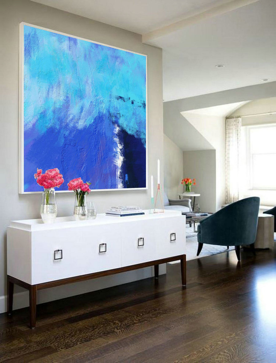 Deep Blue Abstract Canvas Painting,Large Blue Painting,Minimalist Abstract Painting,Canvas Abstract Oil Painting,Dining Room Art Painting