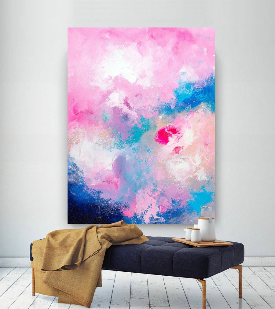 Pink Blue Extra Large Wall Art, Abstract Painting on Canvas Modern Home Decor Office Home Artwork Large Original Contemporary art XL lac684