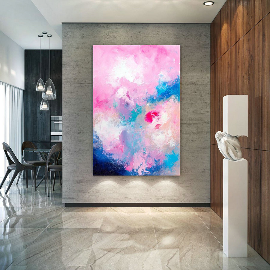 modern art extra large pink navy art canvas living room office pink square canvas large art on canvas Bold vibrant pink and navy canvas