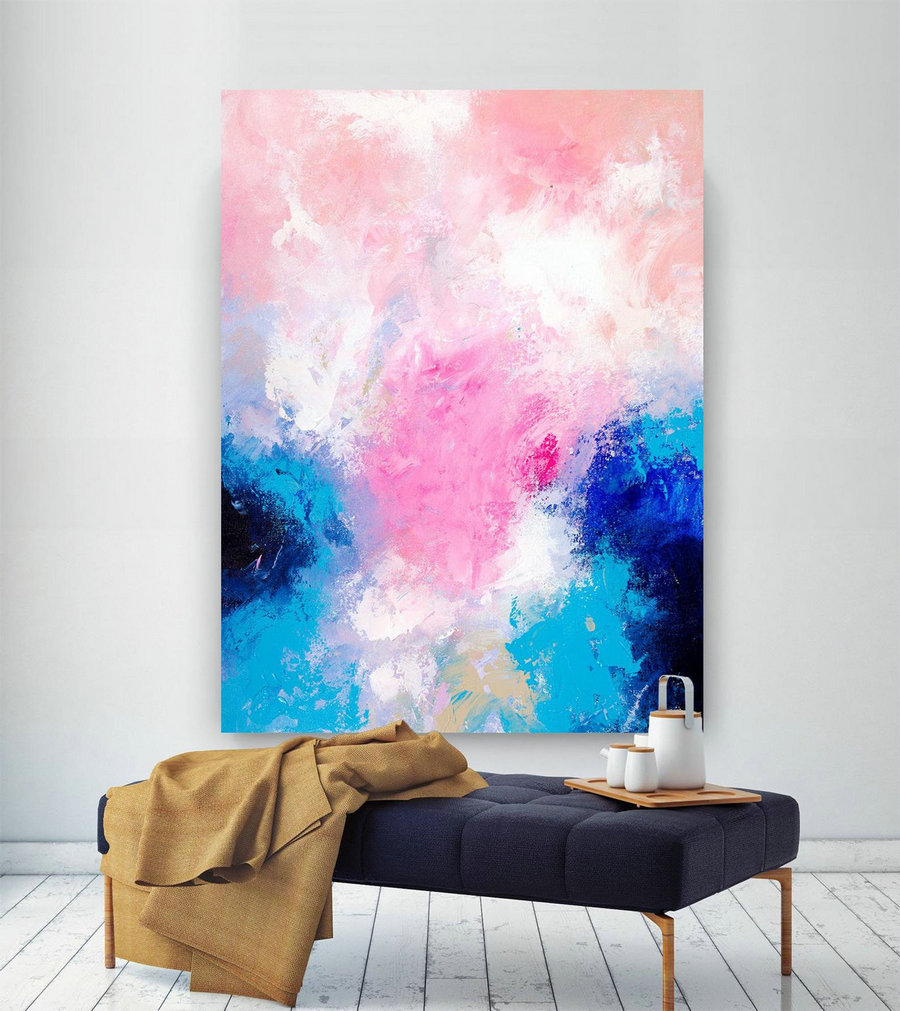 Pink Blue Extra Large Wall Art, Abstract Painting on Canvas Modern Home Decor Office Home Artwork Large Original Contemporary art XL laC680