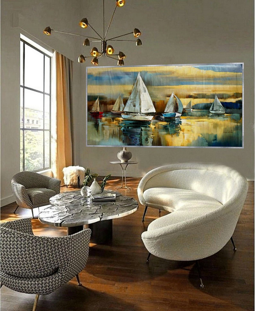Regatta Seascape Sailing Boat Sailboat Yachting Hand Painted Modern Impressionist oil painting on Canvas Living Room Office Hotel Wall Art