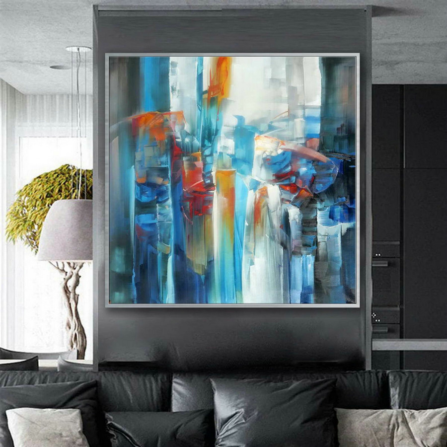 Bright Color Brush Strokes Contemporary Artwork Extra Large Square Colorful Modern Abstract Oversize Wall Art Hand Made Canvas Oil Painting