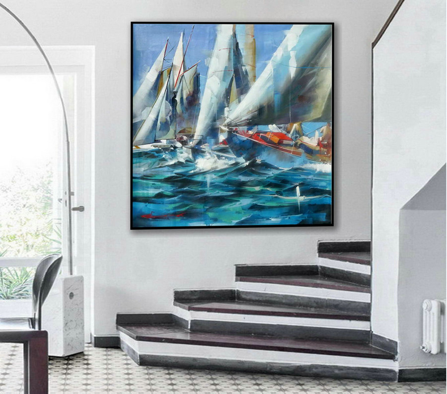 Brush Strokes Contemporary Artwork Extra Large Square Colorful Modern Abstract Oversize Wall Art Sailing Boat Hand Made Canvas Oil Painting